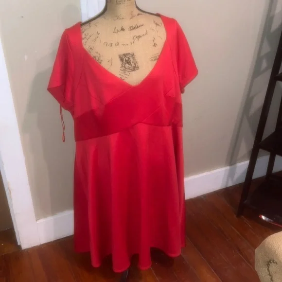 lane bryant red dress Lane Bryant Red & Black Knit Midi Dress 14/16 14W 16W plus size pleated  mock T